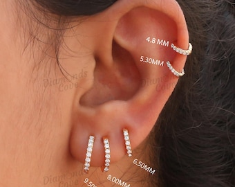 Round Diamond Hoop Earrings / 14K Solid White Gold Moissanite Cartilage Earrings / Dainty Huggie Hoops / Party Wear Women&#39;s Jewelry