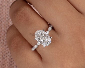 Oval Diamond Ring Oval Engagement Ring Lab Grown Diamond Solitaire Ring Oval & Marquise Diamond Anniversary Ring 14K Gold Ring Wedding Ring