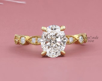 Oval Lab Grown Diamond Ring Vintage Oval Engagement Ring 1.0 to 3.0 CT Oval Cut Real Diamond Ring 18K Solid Gold Stacking Ring Promise Ring