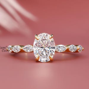 2 CT Oval Cut Moissanite Engagement Ring Side Stone Marquise Cut 14K Solid Gold Art Deco Promise Ring Vintage Wedding Anniversary Gift Ring