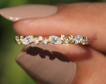 Marquise Eternity Band Lab Grown Diamond Wedding Band Vintage Stacking Ring Dainty Marquise Diamond Band 14K Solid Gold Cluster Band