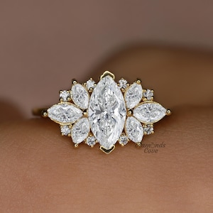 Art Deco Marquise Cut Lab Grown Diamond Engagement Ring Cluster 14K Yellow Gold Ring Vintage Style Diamond Bridal Anniversary Promise Ring