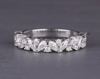 4 MM Lab Diamond Wedding Band Half Eternity Marquise And Round Band Lab Grown Diamond Stacking Ring Matching Diamond Band Anniversary Ring