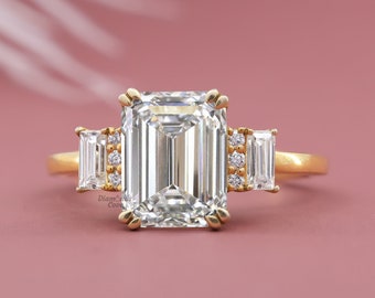 Emerald Cut Diamond Ring Lab Grown Diamond Engagement Ring Baguette Diamond Ring Lab Diamond Vintage Style Ring Three Stone Proposal Ring