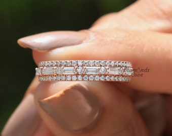 Vintage Wedding Band Baguette And Round Diamond Band Art Deco Half Eternity Band 14K Solid Gold Ring For Women Stacking Matching Band
