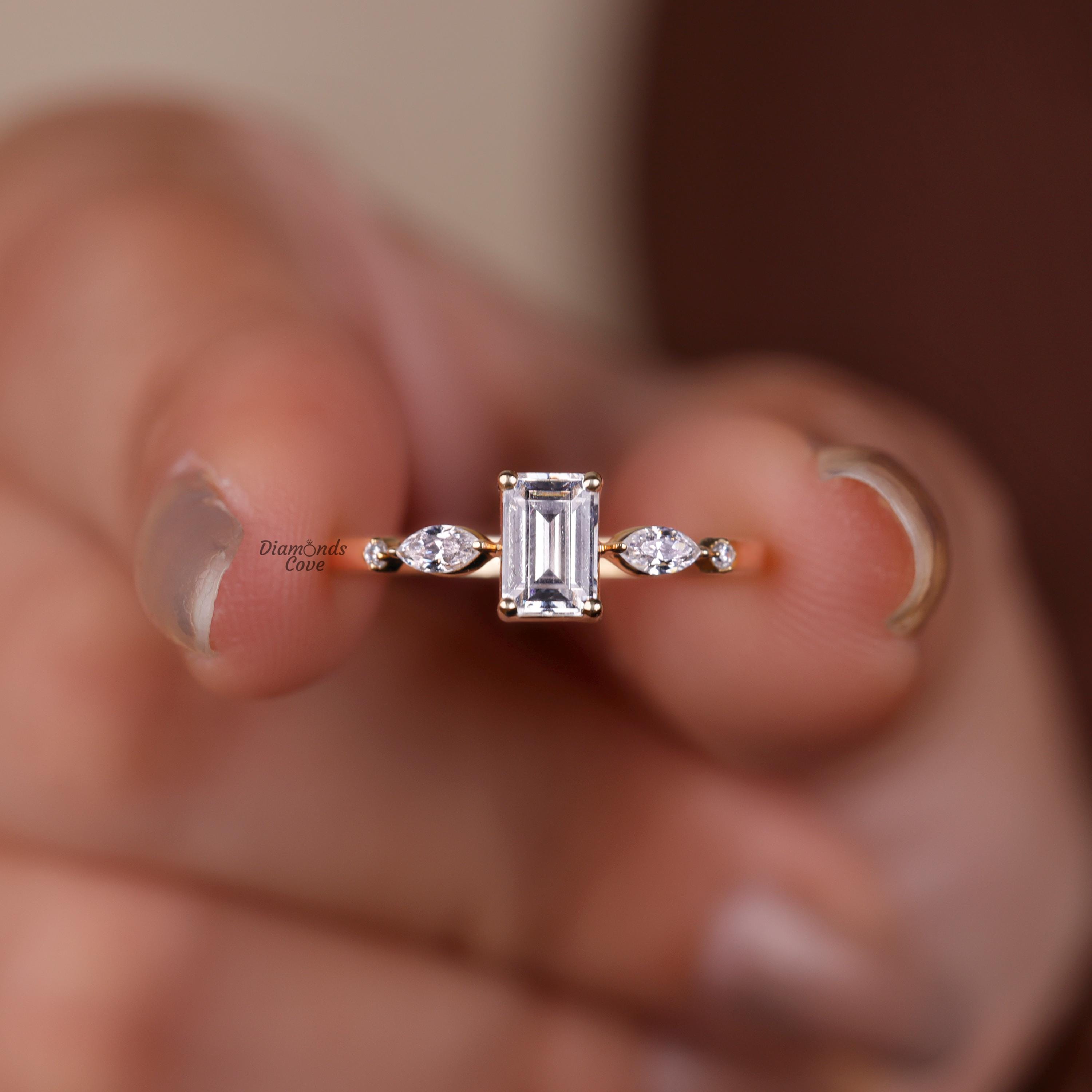 Emerald Cut Moissanite Engagement Ring Marquise Round Unique