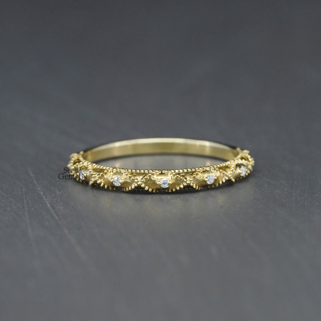 Vintage Moissanite Wedding Band Art Deco Half Eternity Band 14K Yellow ...