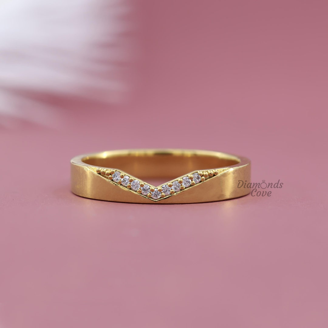 14K Gold V Shape Lab Grown Diamond Wedding Band for Women Solid Gold ...