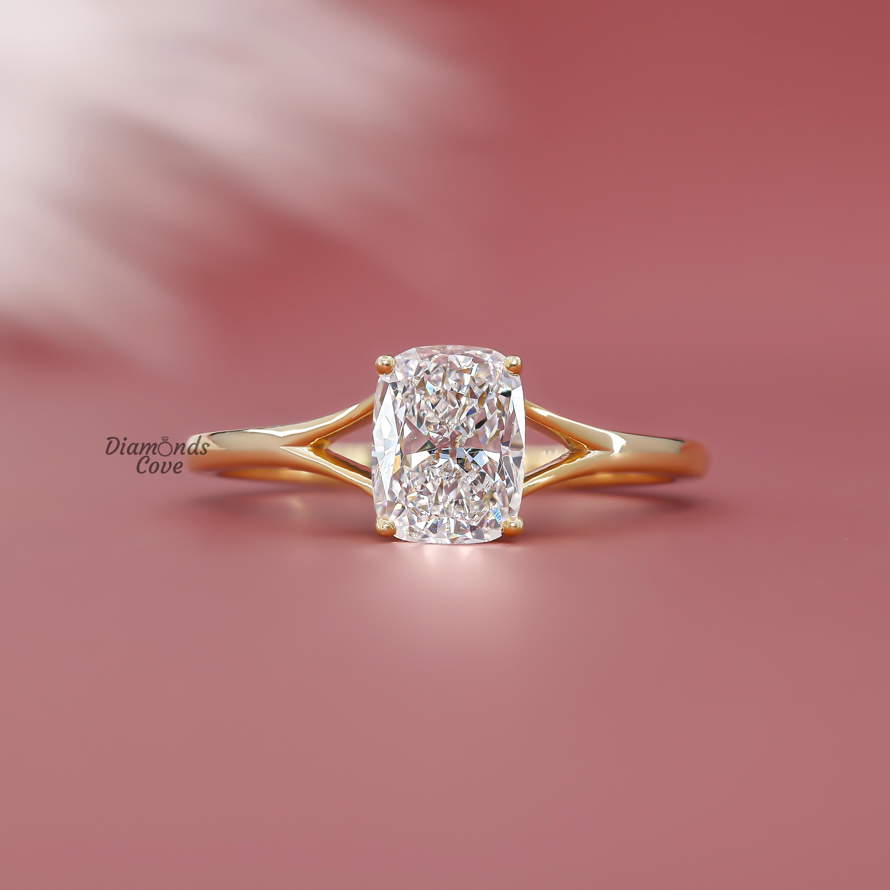 Cushion Cut Moissanite Engagement Ring Split Shank Solitaire Ring ...