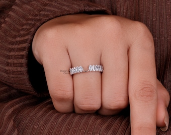 Marquise Cut Moissanite Notched wedding Band Half Eternity Band Stackable Matching Band For Women Gold Bridal Ring Promise Ring For Her