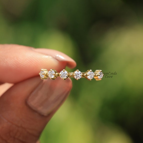 14K Gold Dainty Shared Prong Ring, Bubble Prong Set Round Moissanite Wedding Band, 14K Gold Floating Diamond Band, Minimalist Stacking Ring