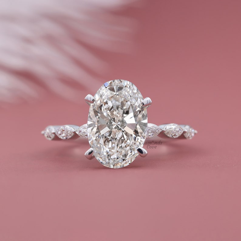 Oval Diamond Ring Oval Engagement Ring Lab Grown Diamond Solitaire Ring Oval & Marquise Diamond Anniversary Ring 14K Gold Ring Wedding Ring