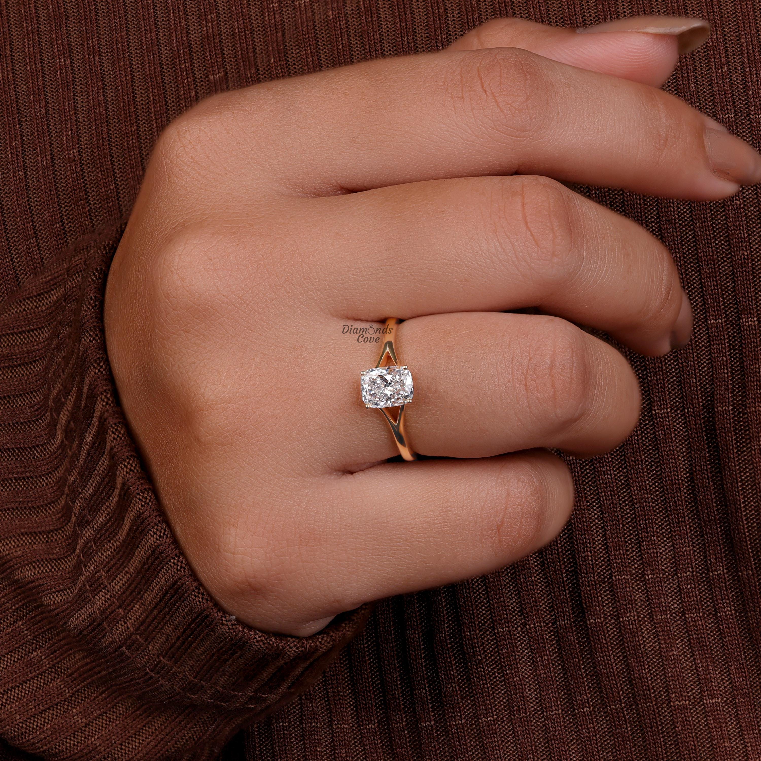 Cushion Cut Moissanite Engagement Ring Split Shank Solitaire Ring ...
