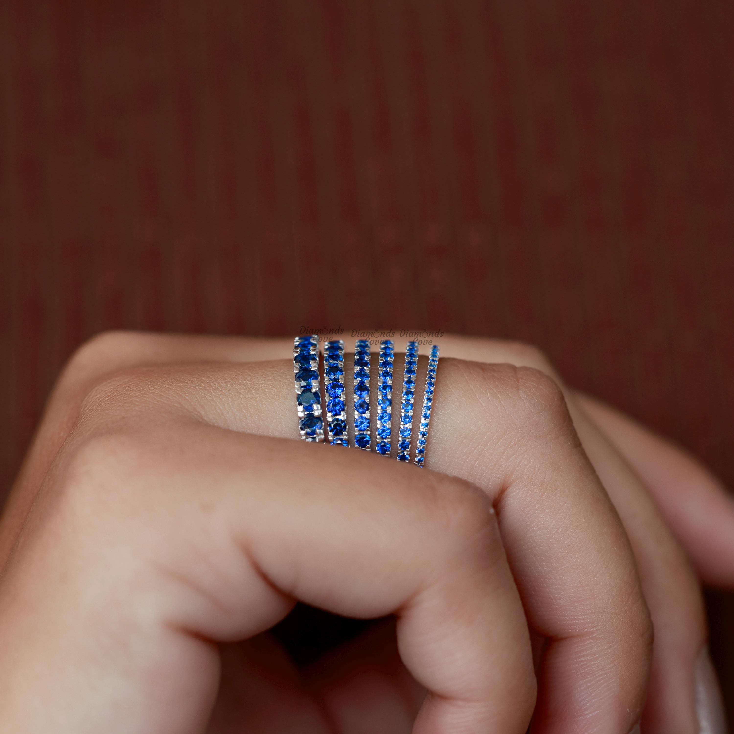 Simulated (ブルーサファイアエタニティ重ね付けウェディングリング14?Kホワイトゴールドオーバースターリングシルバー1? 並行輸入品 Handmade Rose Gold Opal Wedding Band: Diamond Sterling Silver