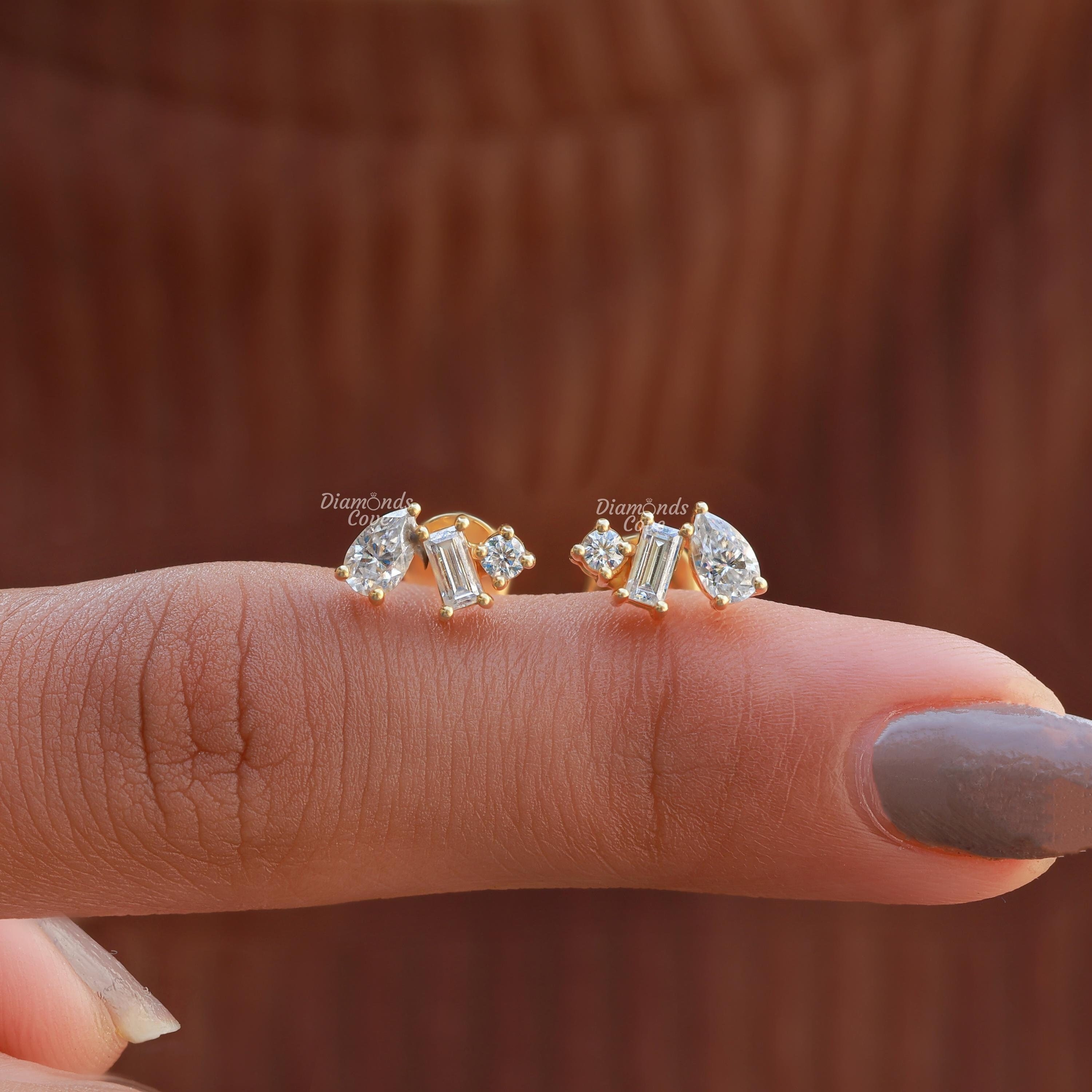 Pear, Baguette and Round Multi shaped Moissanite stud earrings 14K Gold Cluster Wedding Screw Back Earrings Ear Climbers Stud bridal Earring