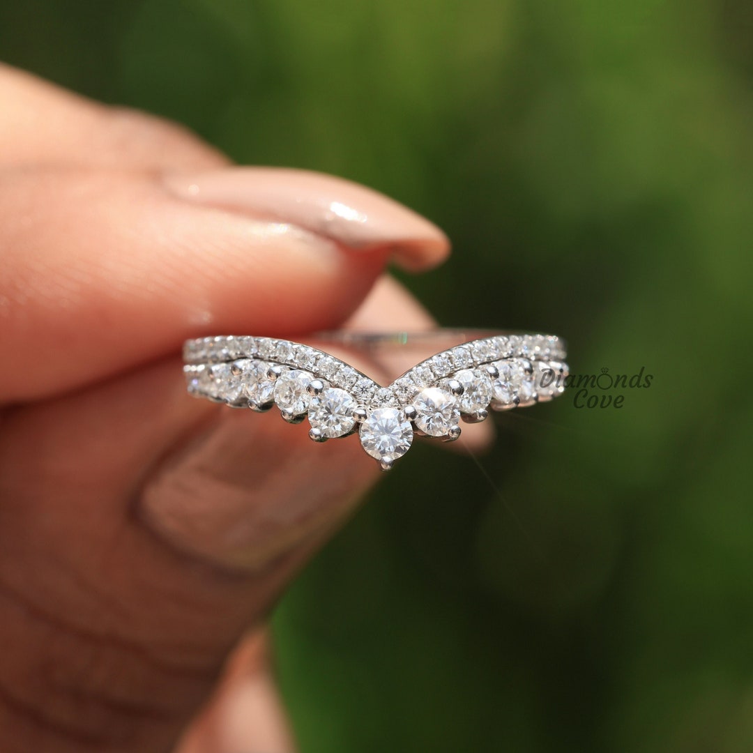 Tiara Curved Lab Grown Diamond Wedding Band Vintage Chevron Stacking ...