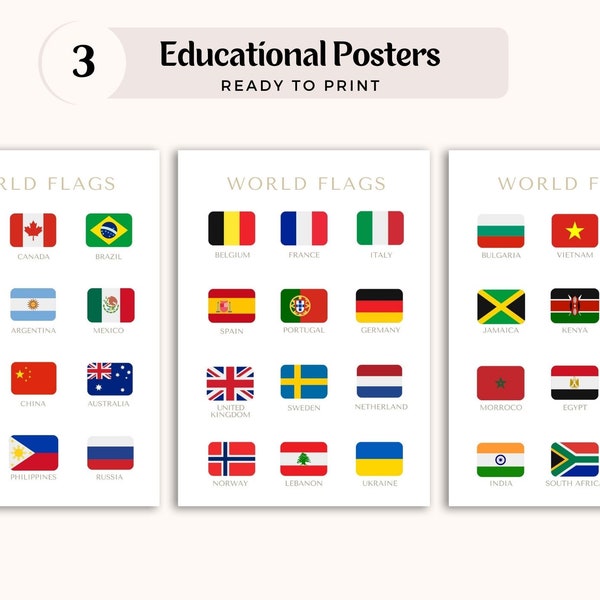 Bundle of 3 Educational Montessori printable posters, 36 flags of countries of the world, homeschool and preschool prints for toddlers