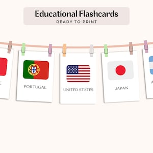 Satz von 40 pädagogischen druckbaren Weltflaggen-Karteikarten, Länder, Montessori-Flaggenkarten für Kleinkinder, PDF-Druck, Homeschool-Flaggen lernen
