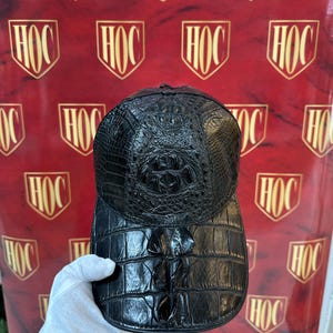 Boné de beisebol feito à mão em couro de crocodilo genuíno: chapéu ajustável preto exótico