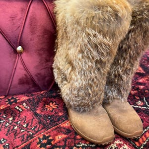 Vintage women real fox faux fur brown boots winter worm style size 38