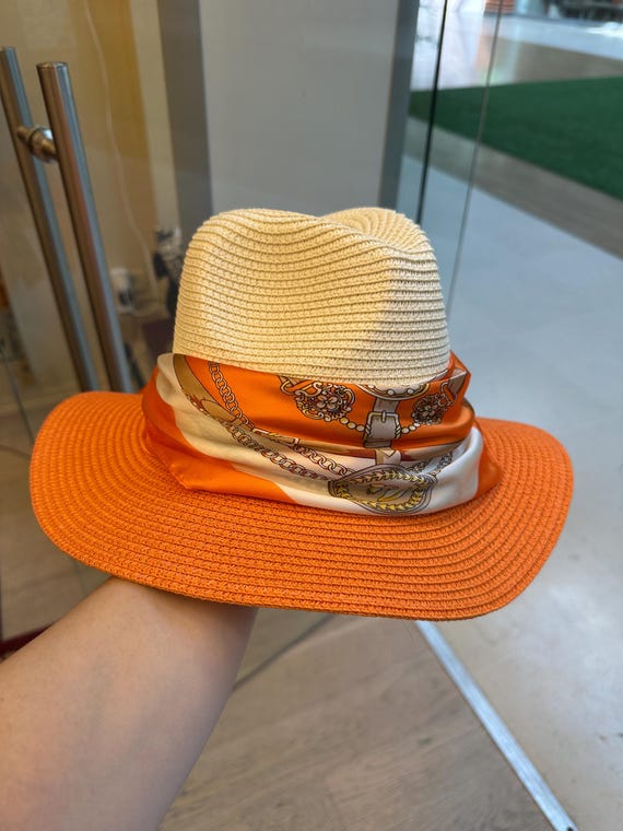 Orange Fedora Hat: Stylish Summer Sun Protection With Scarf  display picture 3