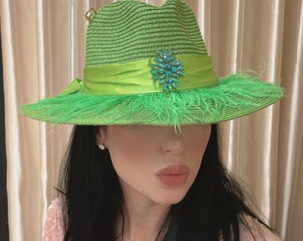 Green Fedora Hat, Crystals, Summer Sun Protection