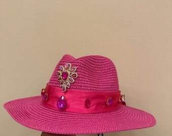 Pink Fedora Hat, Rhinestone Summer Sun Protection