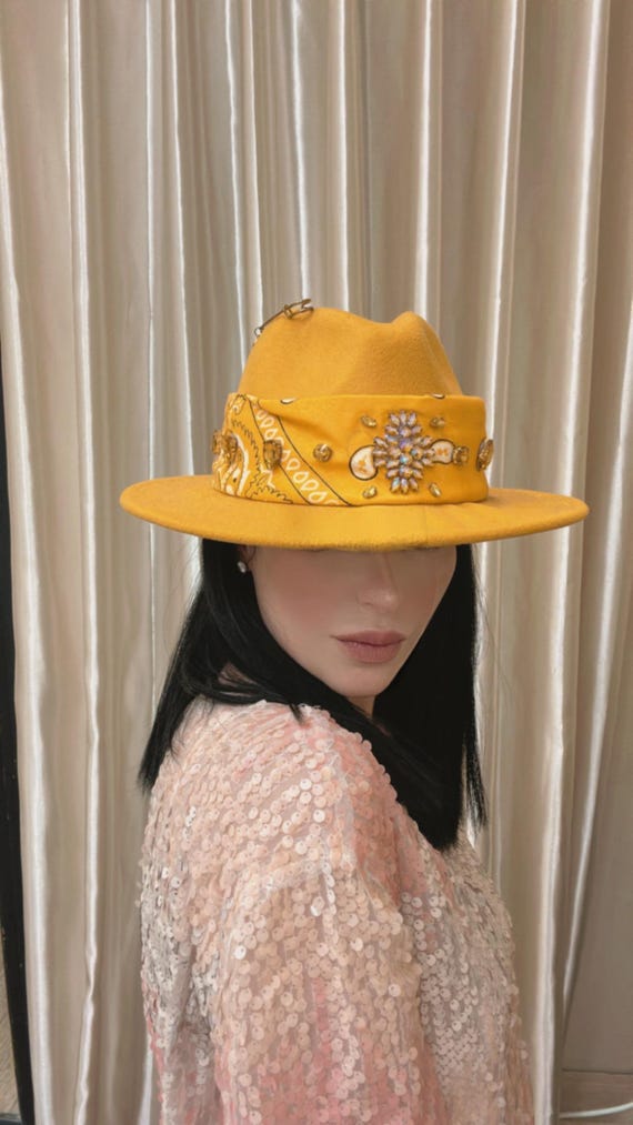Yellow Crystal Fedora Hat, Wide Brim Summer Sun Hat - Etsy  display picture 2