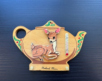 Vintage Wooden Thermometer with Deer on Teapot Portland Maine Key Hook