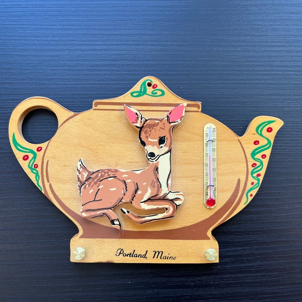 Vintage Wooden Thermometer with Deer on Teapot Portland Maine Key Hook