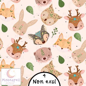 Woodland animals seamless pattern PNG, Cute forest nursery seamless file, Hand drawn boho animals fabric design, textile only print