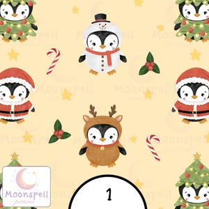 Puede incluir: Un patrón repetitivo sobre un fondo amarillo claro con pingüinos de dibujos animados vestidos de muñecos de nieve, renos y Papá Noel, junto a árboles de Navidad decorados, bastones de caramelo, bayas de acebo y pequeñas estrellas amarillas. Aparece el texto Moonspell patterns.
