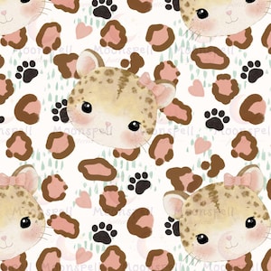 Cute baby leopard seamless pattern for fabric-pink animal print digital download-300DPI PNG