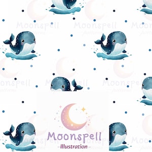 May include: A repeating pattern on a white background featuring illustrations of small blue whales splashing in water, interspersed with dark blue polka dots and faint crescent moons. The text Moonspell Illustration appears at the bottom.