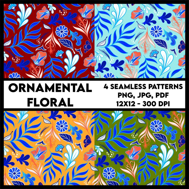 Floral Seamless Pattern Bundle: Ornamental Design (JPG, PDF, PNG ...