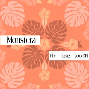 May include: A repeating pattern featuring stylized Monstera leaves and flowers in shades of coral, brown, and peach. The word "Monstera" is displayed in a white rectangle. The image also includes the text "PDF 12x12 300 DPI".