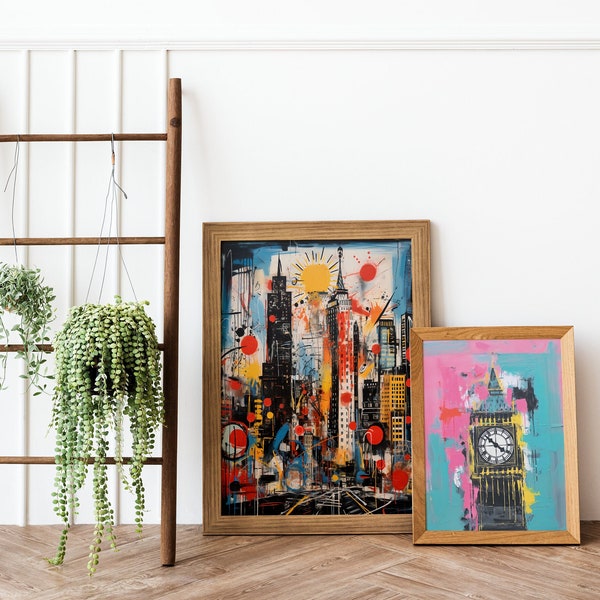 Pop Art London & Basquiat-Style New York Posters | Urban City Wall Art Set | Home Office Decor