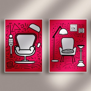 Keith Haring Inspired Art Prints, Vivid Magenta Pop Art Duo