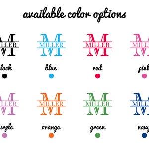 May include: A graphic showing eight different color options for a personalized monogram with the name "MILLER" split in half with the initial "M" above the name. The colors are black, blue, red, pink, purple, orange, green, and navy.