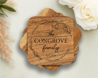 Engraved Acacia Wood Coasters, Personalized Gift Set