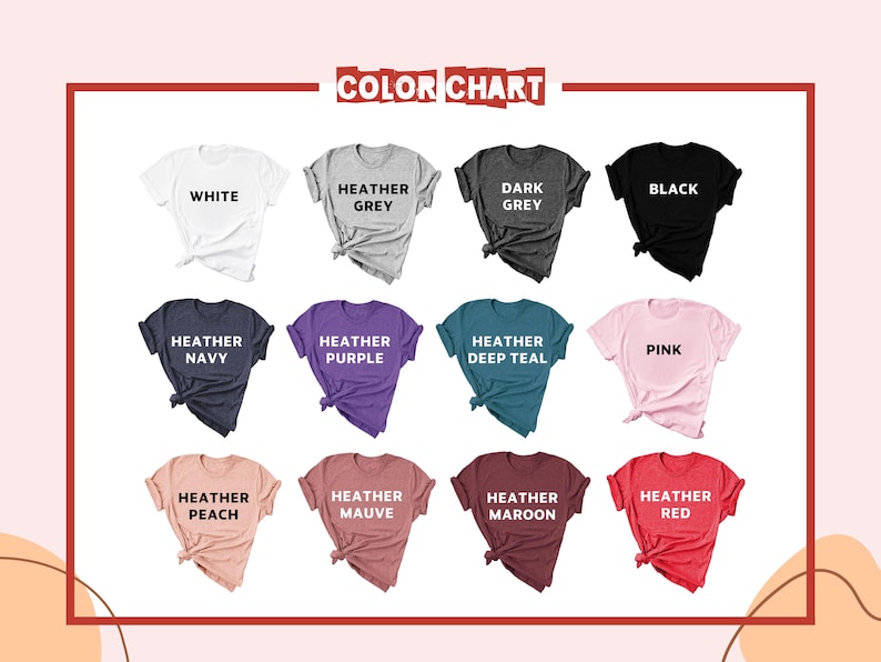 Op de afbeelding: Kleurenkaart met 12 verschillende T-shirt kleuren. De kleuren zijn: wit, heather grijs, donker grijs, zwart, heather navy, heather paars, heather diep teal, roze, heather perzik, heather mauve, heather maroon en heather rood.