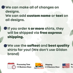 Op de afbeelding: Een grafiek met drie opsommingspunten die het proces beschrijven van het bestellen van gepersonaliseerde shirts. Het eerste punt stelt dat aangepaste namen of tekst aan elk ontwerp kunnen worden toegevoegd. Het tweede punt stelt dat bestellingen van 4 of meer shirts worden verzonden via gratis expressverzending. Het derde punt stelt dat de shirts zijn gemaakt van de zachtste en beste kwaliteit materialen en dat het merk Gildan niet wordt gebruikt. De grafiek bevat ook pictogrammen voor de verwerkingstijd, de verzendtijd en de locatie van waaruit de shirts worden gedrukt en verzonden.