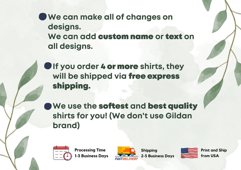 Op de afbeelding: Een grafiek met drie opsommingspunten die het proces beschrijven van het bestellen van gepersonaliseerde shirts. Het eerste punt stelt dat aangepaste namen of tekst aan elk ontwerp kunnen worden toegevoegd. Het tweede punt stelt dat bestellingen van 4 of meer shirts worden verzonden via gratis expressverzending. Het derde punt stelt dat de shirts zijn gemaakt van de zachtste en beste kwaliteit materialen en dat het merk Gildan niet wordt gebruikt. De grafiek bevat ook pictogrammen voor de verwerkingstijd, de verzendtijd en de locatie van waaruit de shirts worden gedrukt en verzonden.
