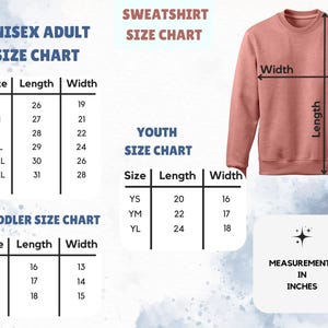 Puede incluir: Tabla de tallas para sudaderas en varios tama&ntilde;os, incluyendo tallas para adultos unisex, j&oacute;venes y ni&ntilde;os peque&ntilde;os. La tabla muestra las medidas en pulgadas para la longitud y el ancho.