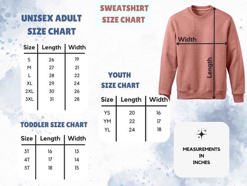 Puede incluir: Tabla de tallas para sudaderas en varios tama&ntilde;os, incluyendo tallas para adultos unisex, j&oacute;venes y ni&ntilde;os peque&ntilde;os. La tabla muestra las medidas en pulgadas para la longitud y el ancho.