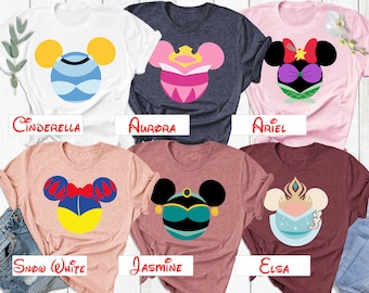Chemise de princesse Disney tête de Mickey, chemise de princesse personnalisée, chemise de princesse tête de Minnie Mouse, chemise de groupe de princesse, Cendrillon, Elsa, Jasmine