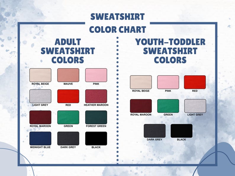 Puede incluir: Tabla de colores para sudaderas para adultos y ni&ntilde;os. La tabla muestra los colores disponibles para cada categor&iacute;a de talla. Los colores para adultos incluyen: Beige real, Malva, Rosa, Gris claro, Rojo, Marr&oacute;n jaspeado, Marr&oacute;n real, Verde, Verde bosque, Azul medianoche, Gris oscuro y Negro. Los colores para ni&ntilde;os incluyen: Beige real, Rosa, Rojo, Marr&oacute;n real, Verde, Gris claro, Gris oscuro y Negro.