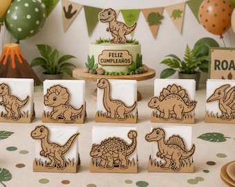 Pack of 8 Dinosaur Napkin Ring Vectors for Laser Cutting – SVG, DXF, AI – Template for 3mm MDF – Children's Party Decoration