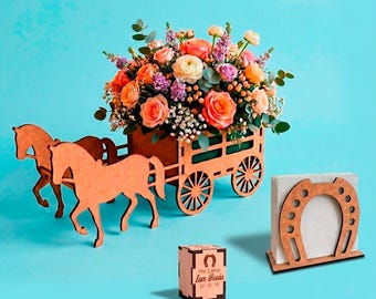Cowboy Party Laser Cut SVG Package, MDF Wagon Centerpiece, Horseshoe Napkin Holder, Customizable Salt Shaker, Laser Cut Files Cowboy Pack