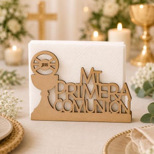 Serviettenhalter „Meine Erstkommunion“ – Vektorgrafik für Laserschneiden – SVG, DXF, AI – MDF-Vorlage für religiöse Anlässe und Souvenirs